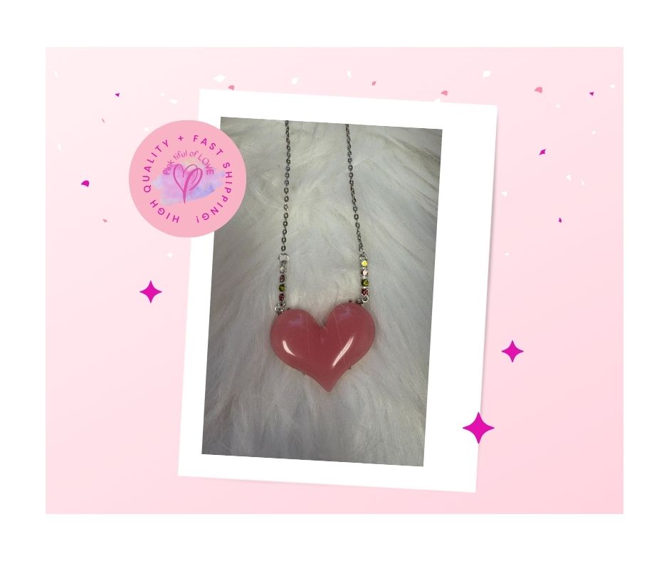 Valentine's Acrylic Pink Heart on a silver chain Necklace