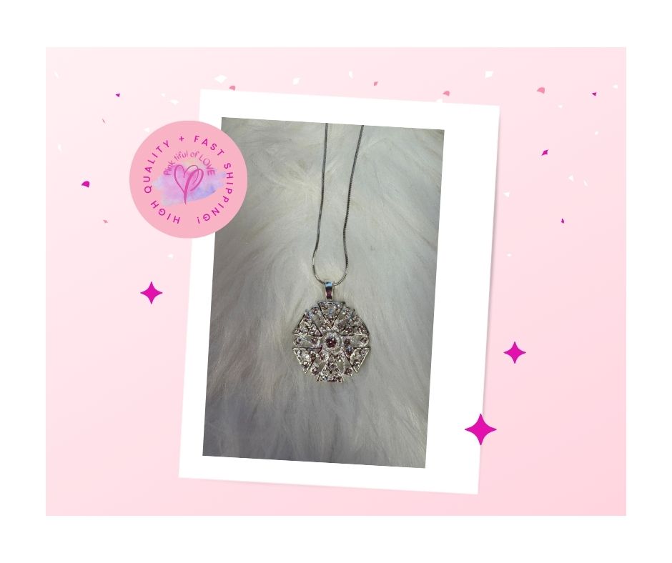 Silver Crystal Rhinestone Round Pendant on a silver chain Necklace