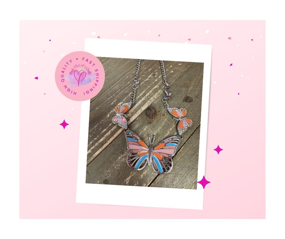 Pink, Orange and Blue Butterfly Silver Necklace