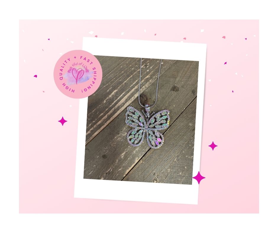 Multi Iridescent Rhinestone Silver Butterfly Necklace