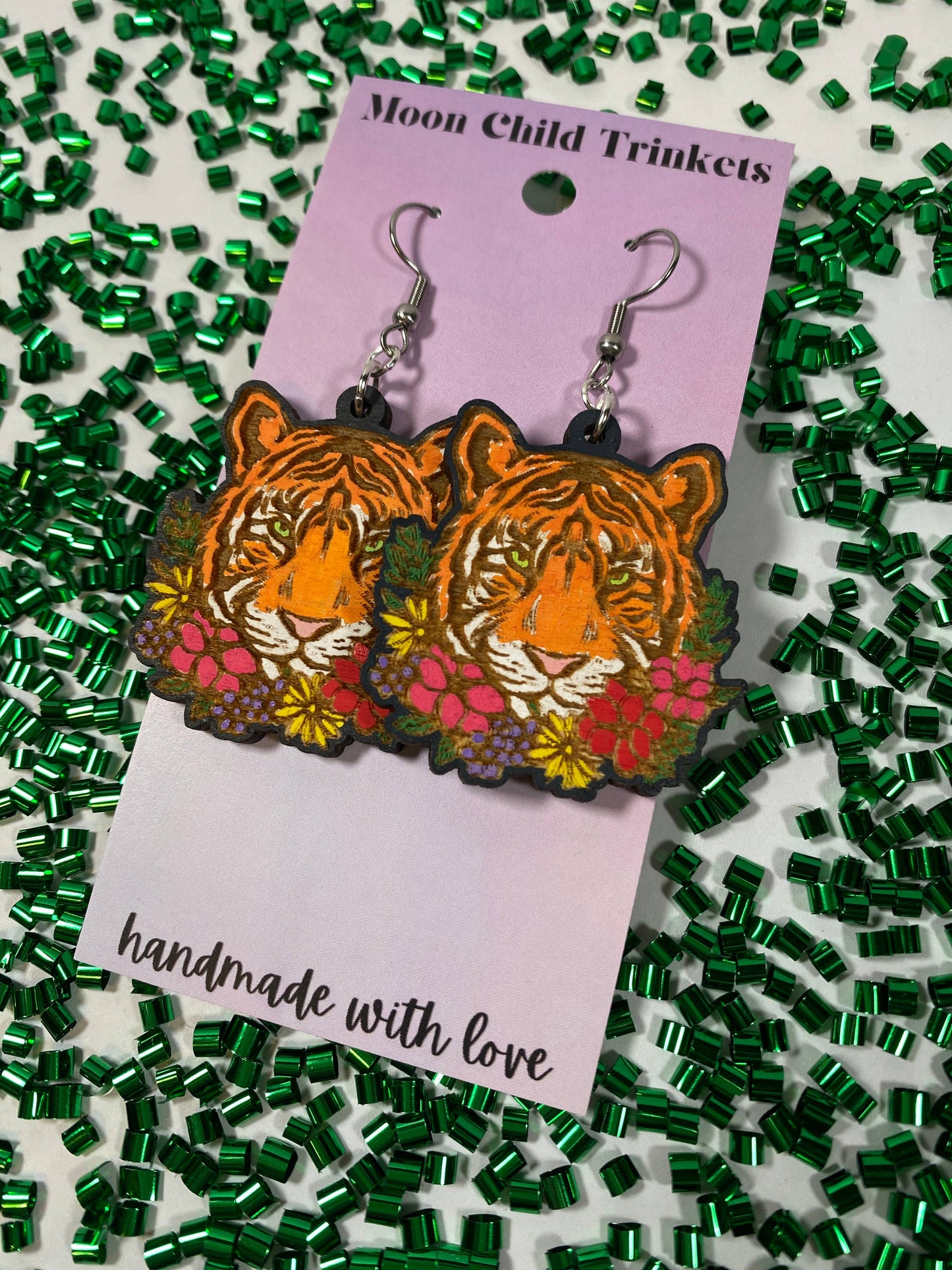 Bengal Tiger  Hand Painted Wooden Wire EarringsPink tiful of LOVE