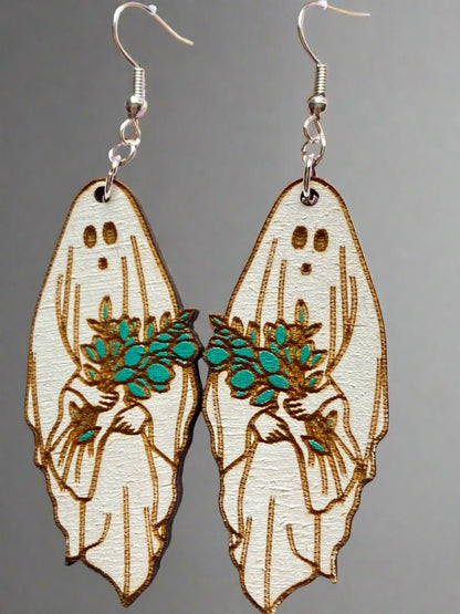 Floral Ghost Hand Painted Wooden Wire EarringsPink tiful of LOVE