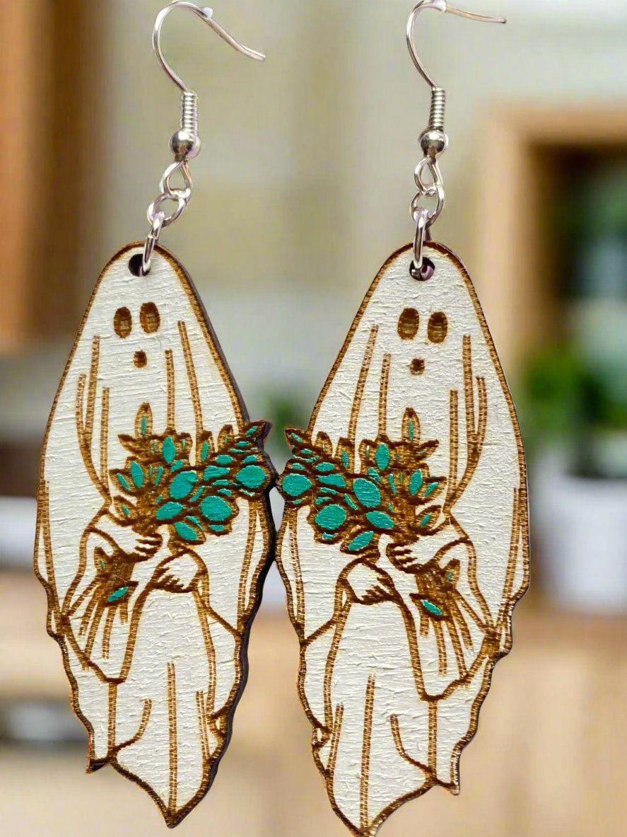 Floral Ghost Hand Painted Wooden Wire EarringsPink tiful of LOVE