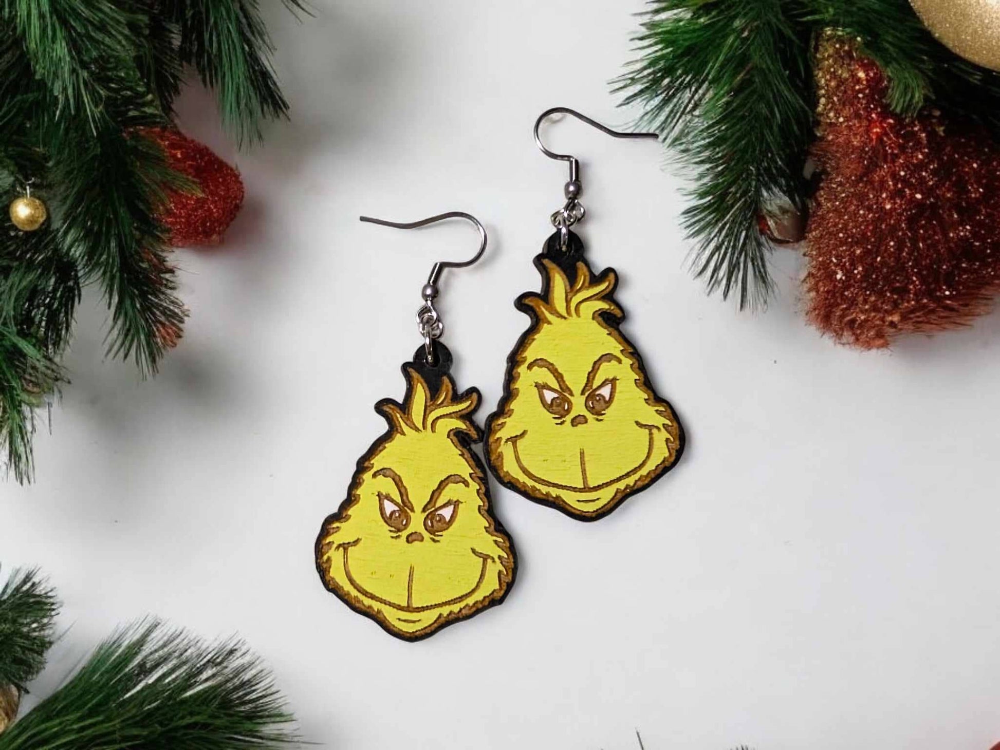 The Grinch Hand Painted Wooden Wire EarringsPink tiful of LOVE