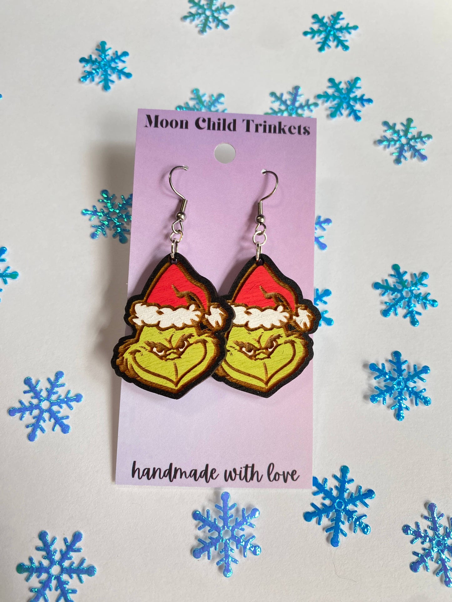 Christmas Grinch Hand Painted Wooden Wire EarringsPink tiful of LOVE