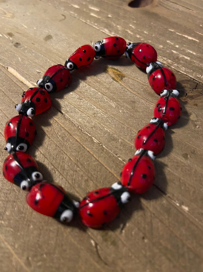 Glass Ladybug Beaded Elastic Bracelet - Add a Whimsical Touch to Your Spring Look - Handcrafted Fashion JewelryPink tiful of LOVE